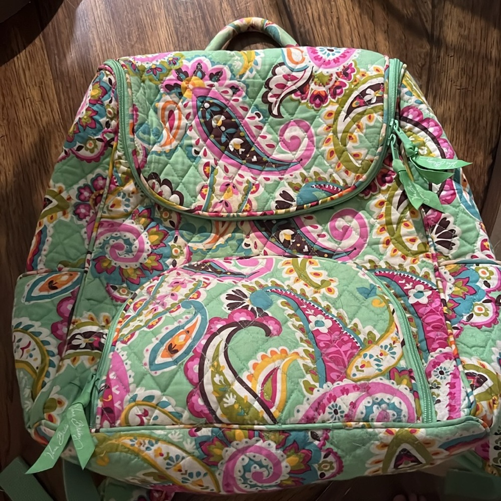 Like new Vera Bradley Large Campus Backpack green and pink paisley print.